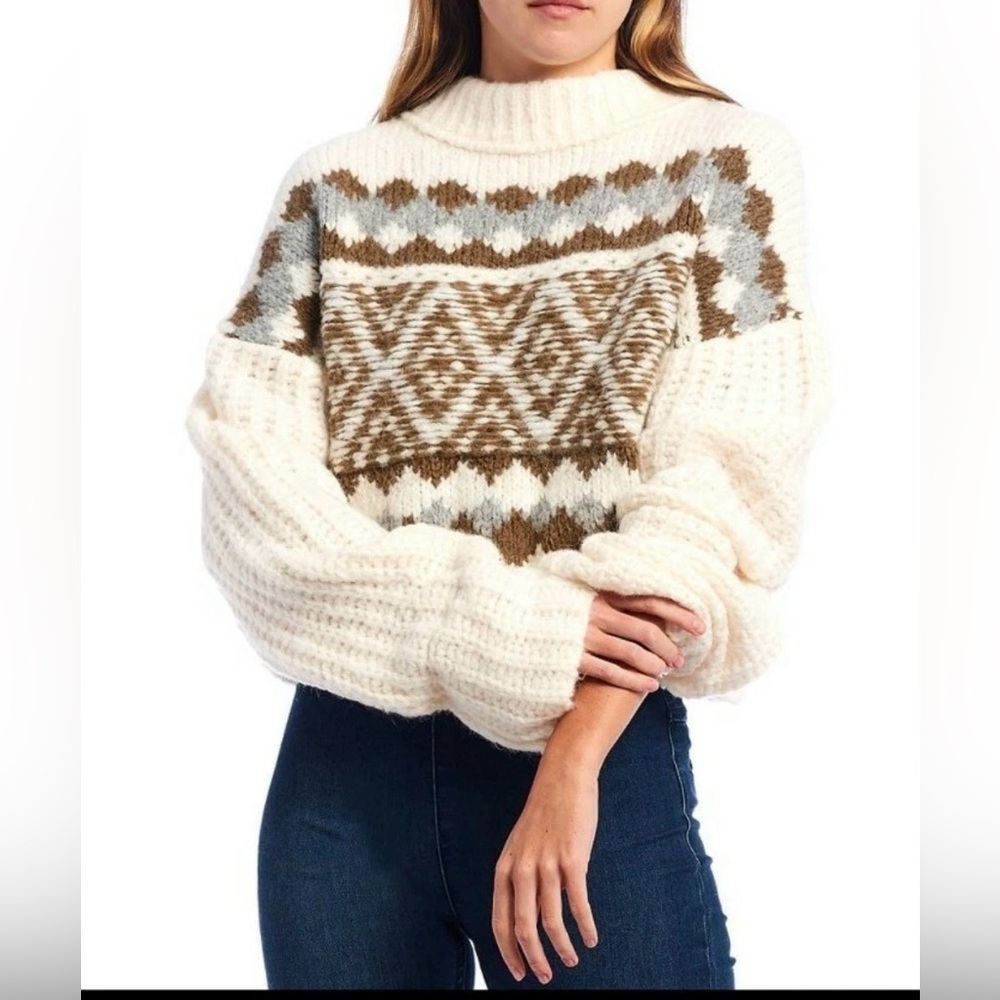 Cozy Free People Alpine Pullover Knit Patterned Sweater - Cream and Brown XS.